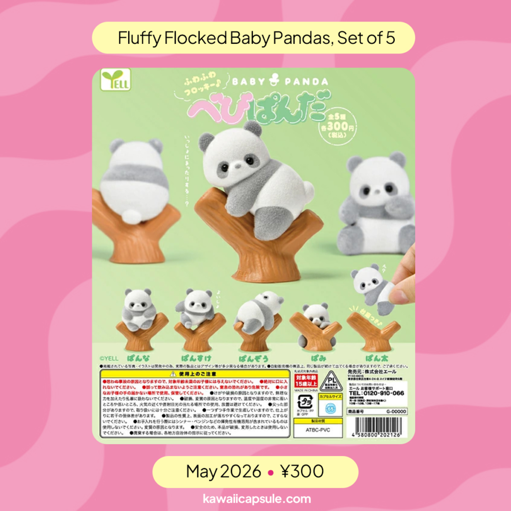 Yell Fluffy Flocked Baby Panda Gachapon Collection Including Adorable Tree Perch Display