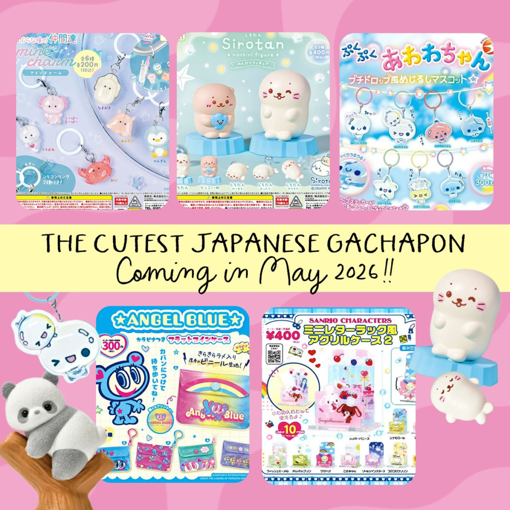 Gachapon for May 2026 Including Glittery Sea Creatures from Yell, Pukupuku Awawa-chan Charms in the style of Petit Drop stickers, and Heisei Retro Angel Blue Coin Pouches